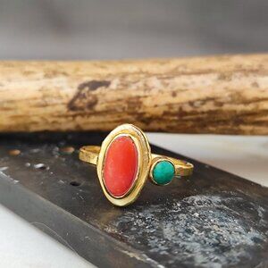 Solid Gold Coral & Tuquoise Stone. Elegant Statement Ring,